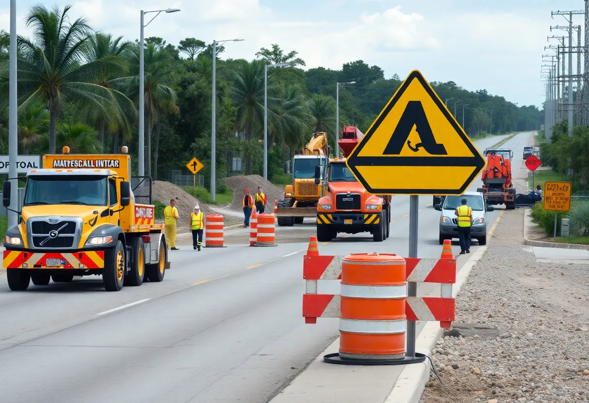 Florida work zone with construction workers and heavy equipment emphasizing safety