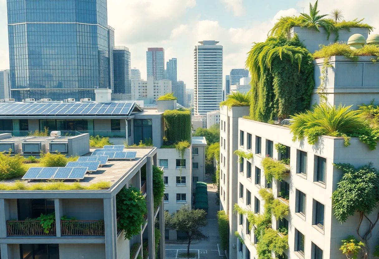 Eco-friendly buildings with green features in a city