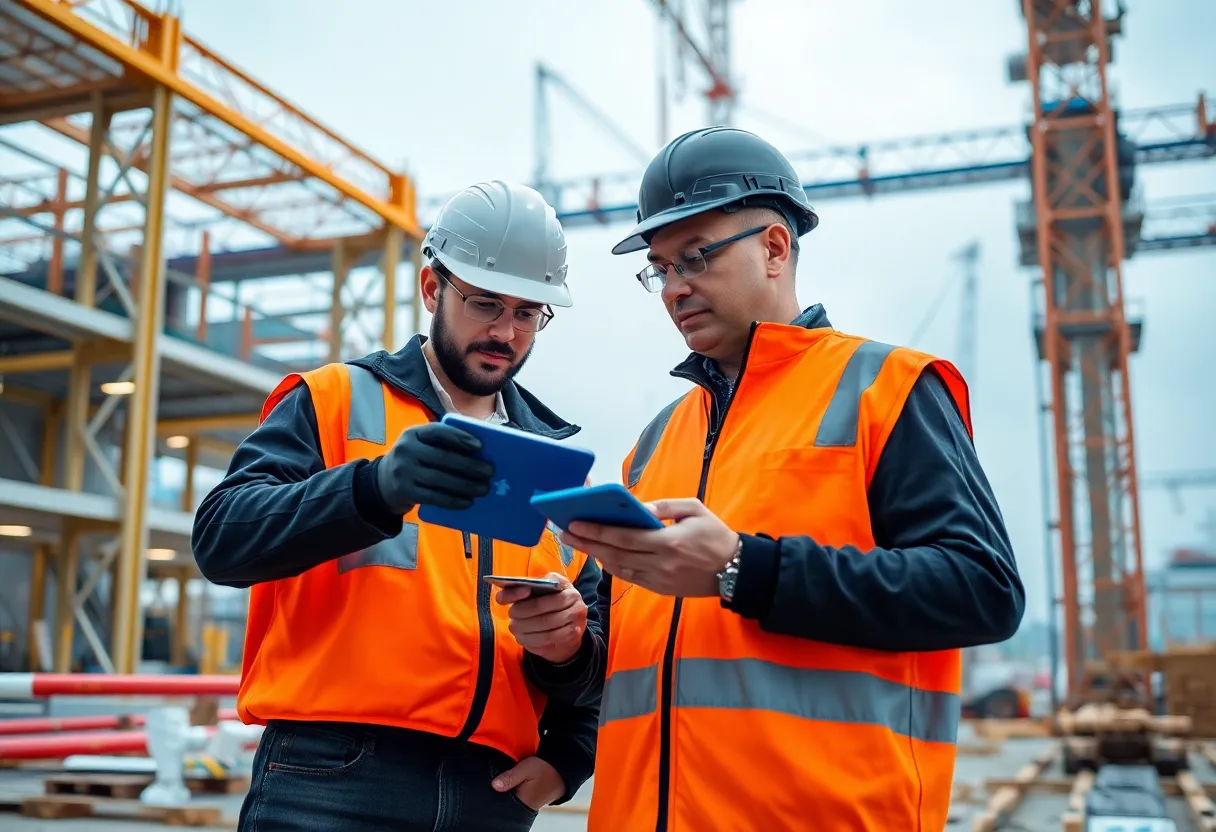 Construction professionals using AI technology on a project.