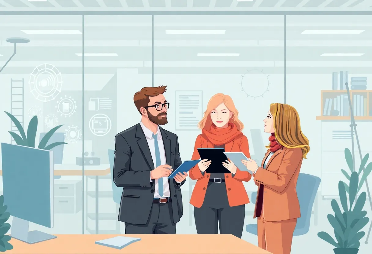 Small business owners collaborating with AI technology