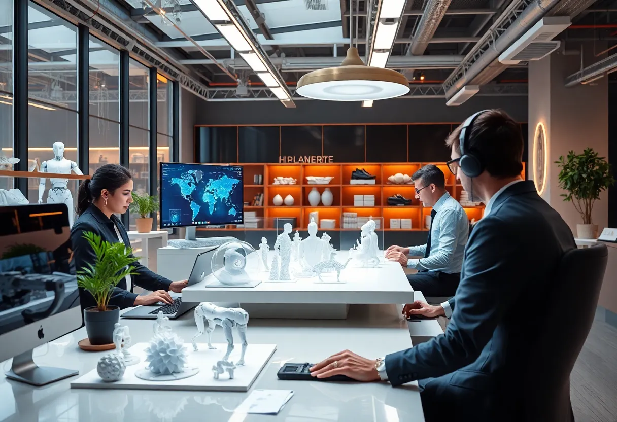 Professionals working with AI design software in a modern studio