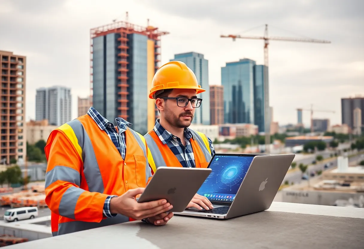 Bakersfield cityscape showcasing construction workers using AI technology.