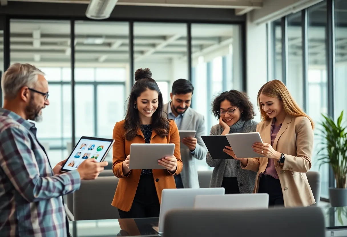 Diverse professionals collaborating in a modern office using SaaS technology.