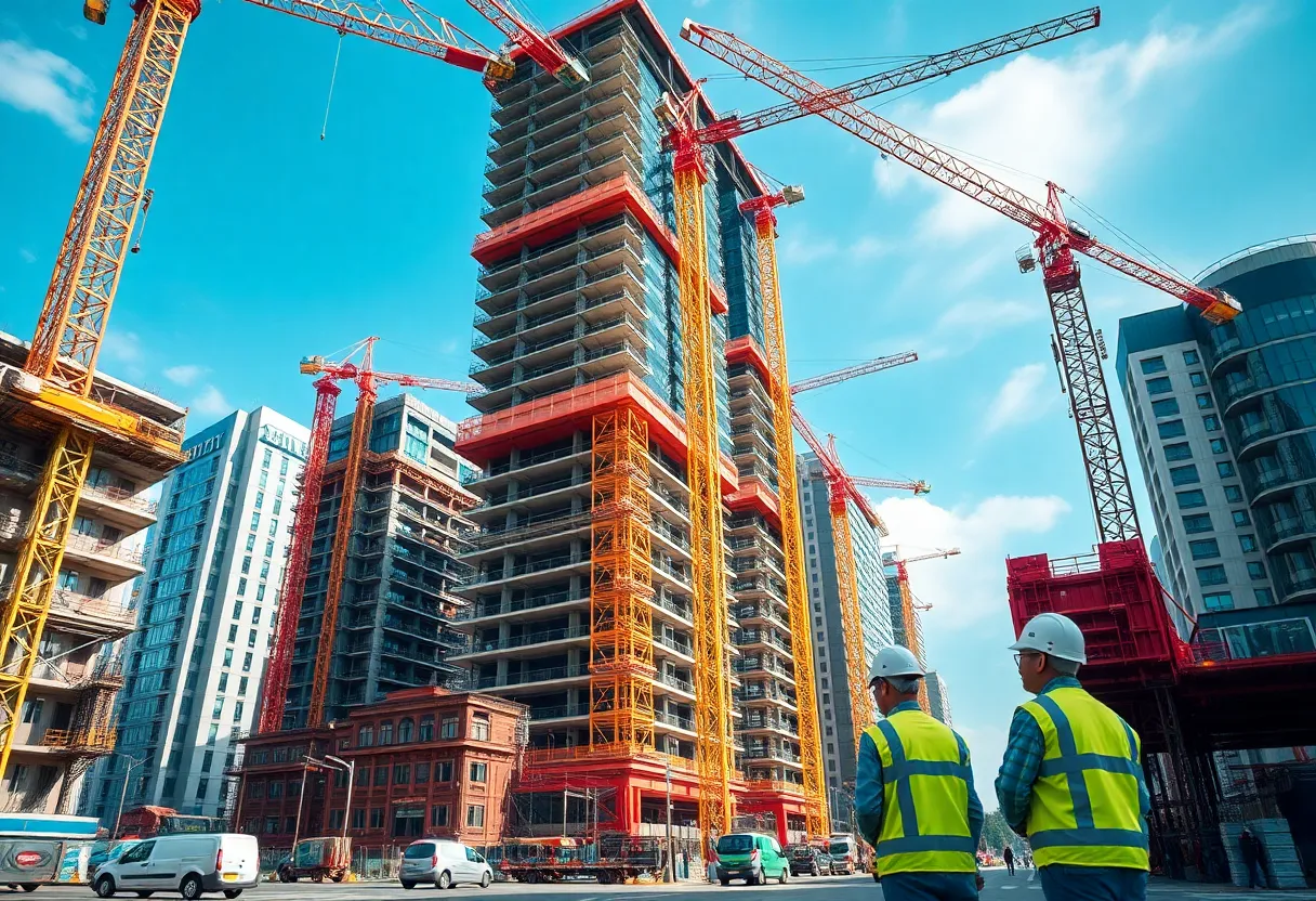 Urban construction site with workers and cranes