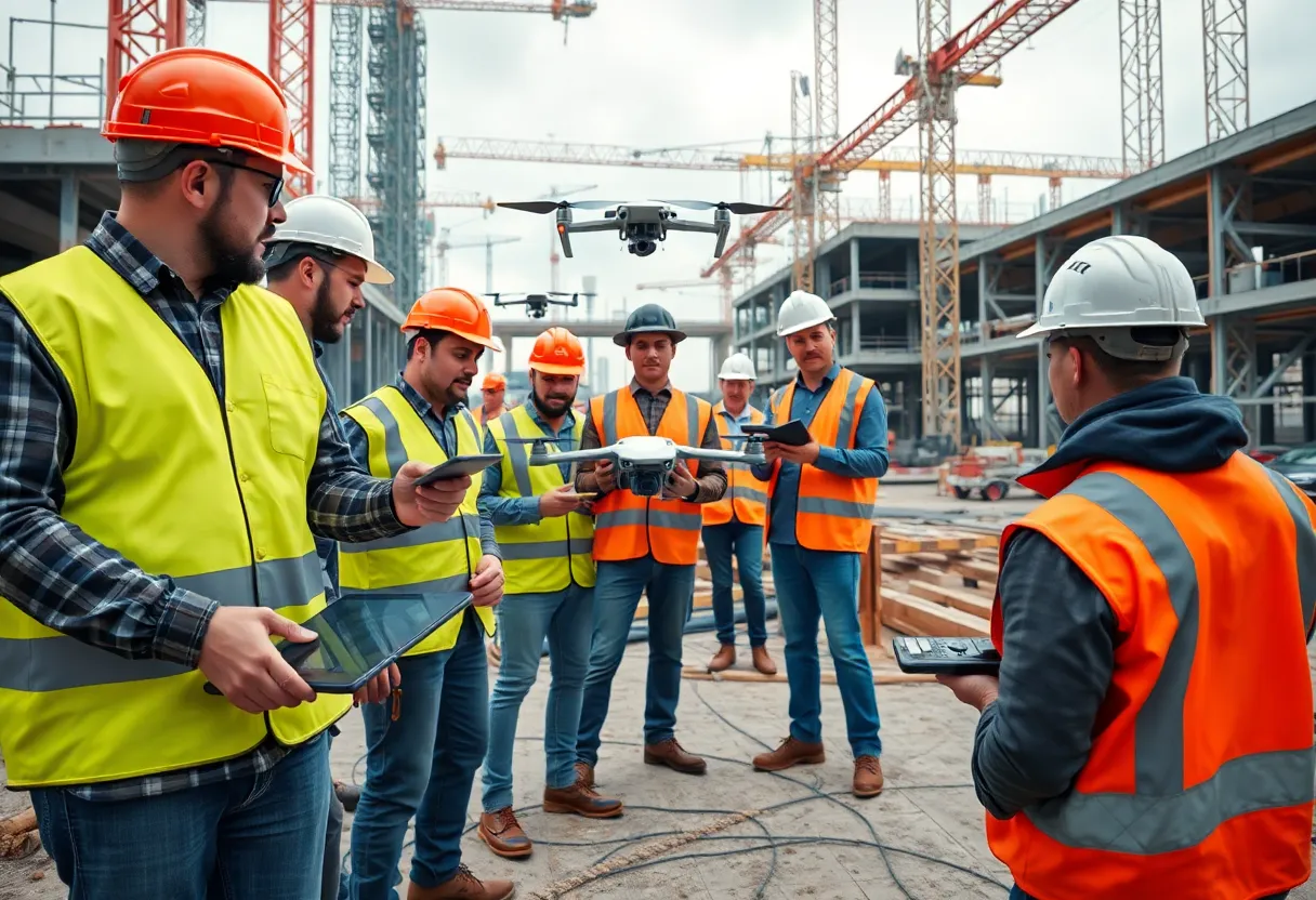 Construction team utilizing technology on site