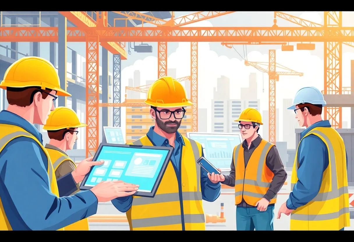 Illustration of construction professionals using advanced software on-site.