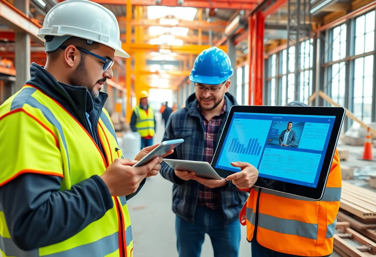 Construction site with workers using digital technology