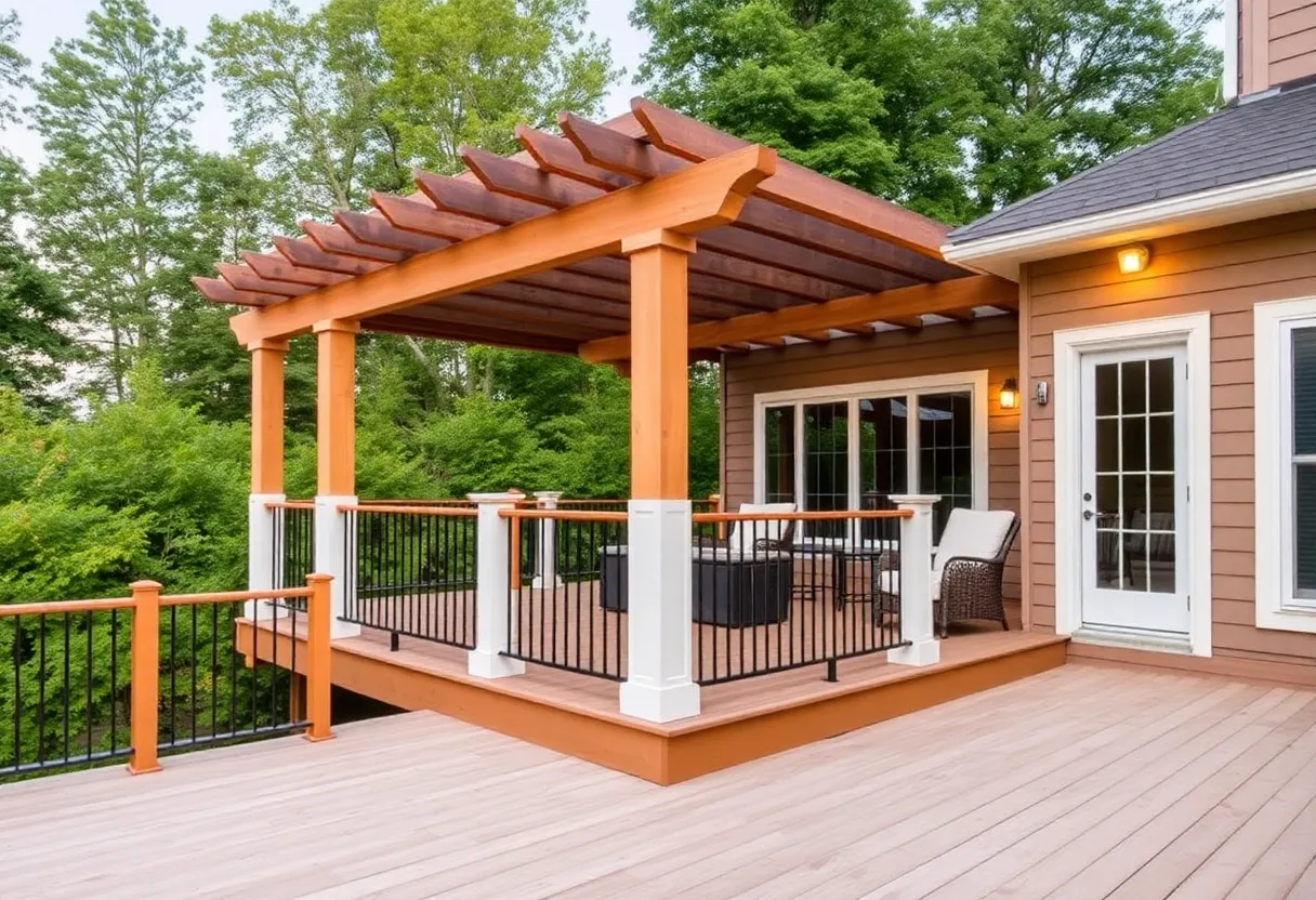 Outdoor living space featuring a custom deck with pergola