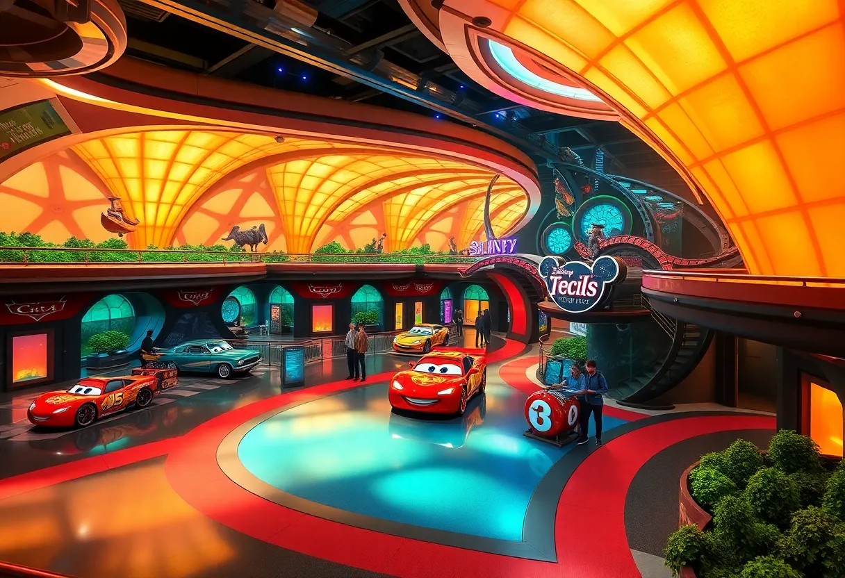 Concept art of the new Disney World expansion featuring Cars and Disney villains attractions.