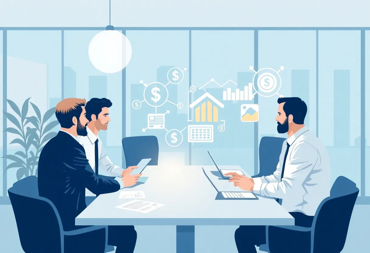 Office scene with mortgage brokers discussing financing solutions