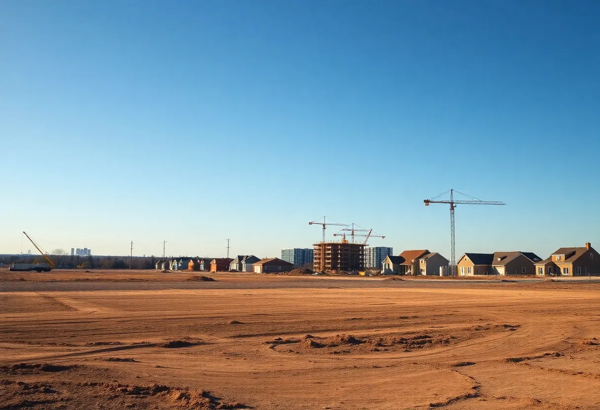 Vast empty neighborhood showing vacant lots and a busy construction site.