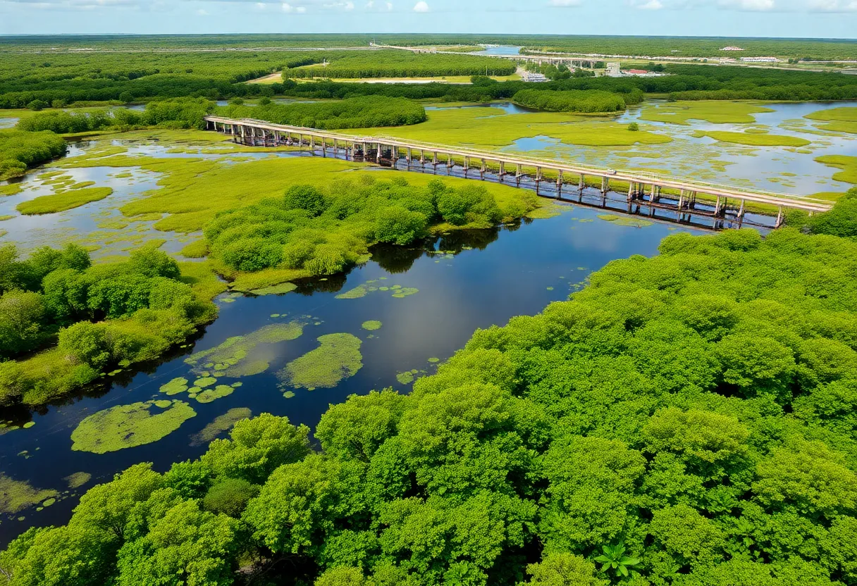 Scenic view of the Everglades wetlands with water management structures.