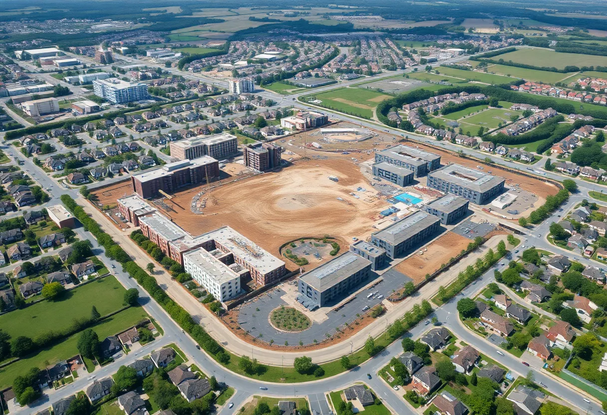 Aerial view of the Fields West mixed-use development construction site in Frisco, Texas.