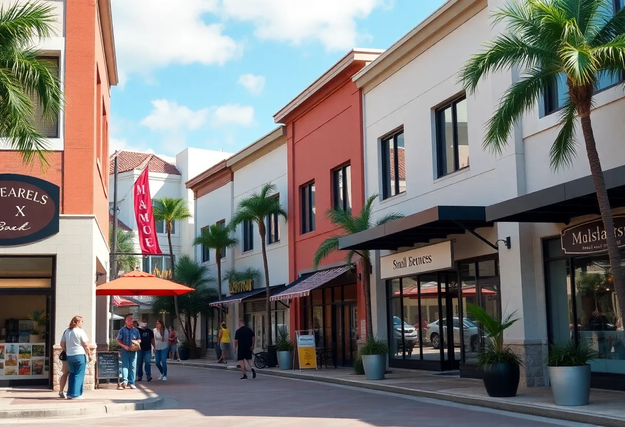 Active Florida business district showcasing small enterprises thriving.