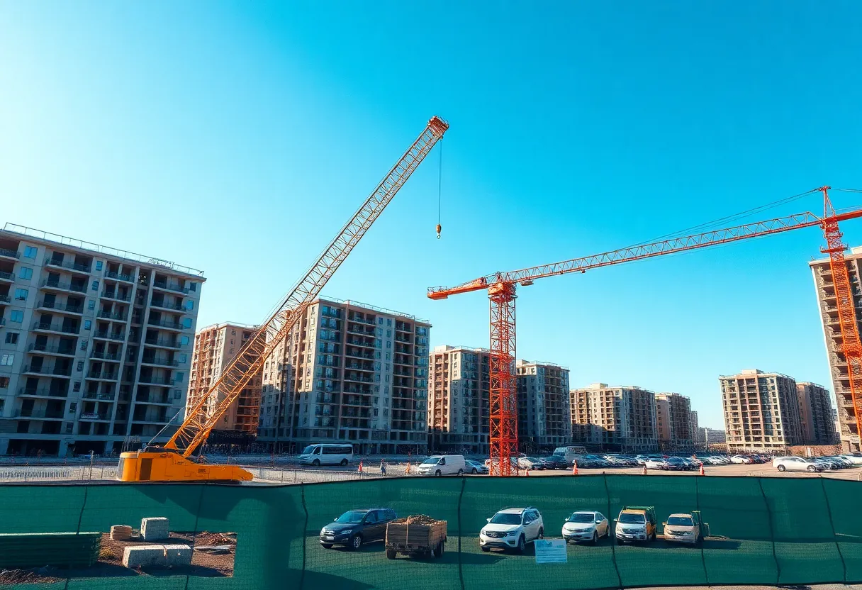 Construction site in Huntsville showing cranes and buildings