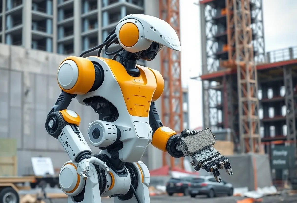 A multifunctional construction robot operating on a building site, 3D printing concrete.