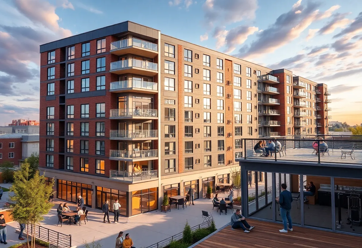 Architectural rendering of a new student housing building near a university