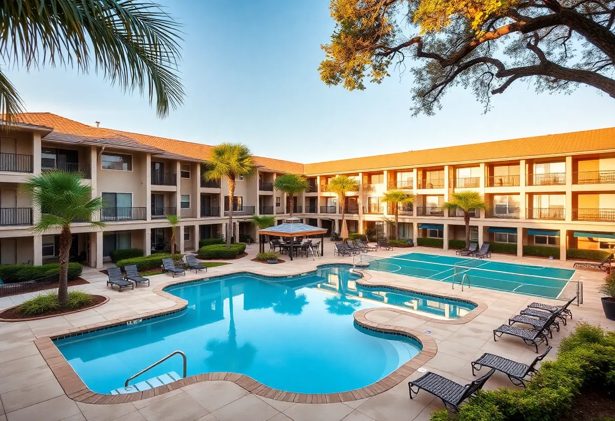 Exterior view of 1800 Ashley West garden‑style apartments with pool, clubhouse and landscaped grounds in West Ashley, Charleston