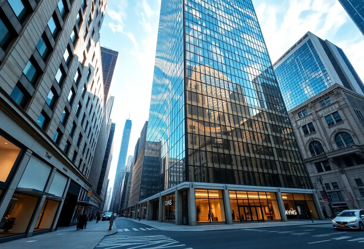 Exterior view of the 42-story office tower at 590 Madison Avenue in Midtown Manhattan with luxury retail at street level.