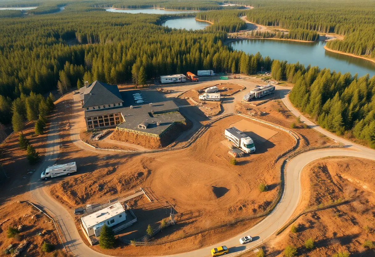 Aerial view of construction and renovation work at multiple Alabama state parks including lodges, cottages and RV site development