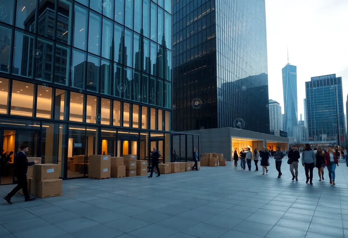 Glass office building with moving boxes outside and holographic 3D models floating above representing AI and cloud design tools