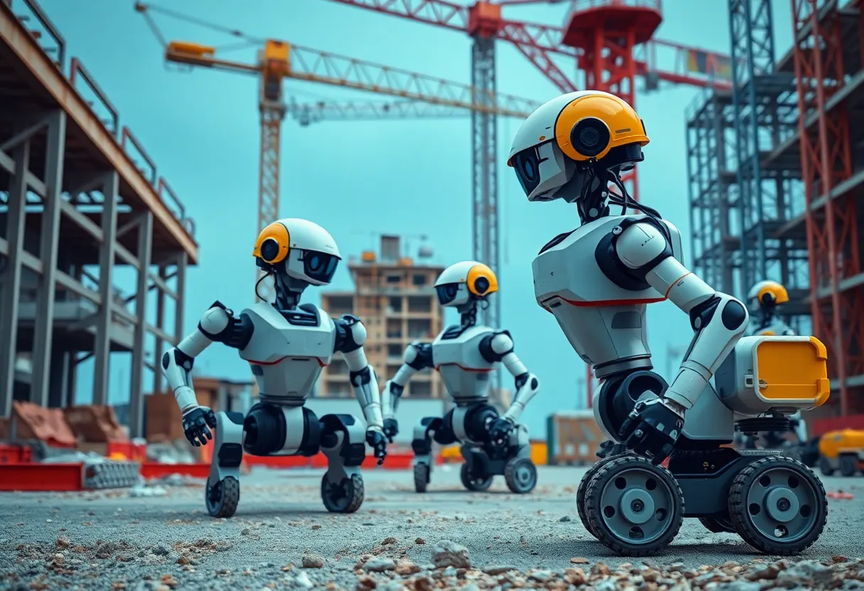 Robots working on a construction site with advanced technology.