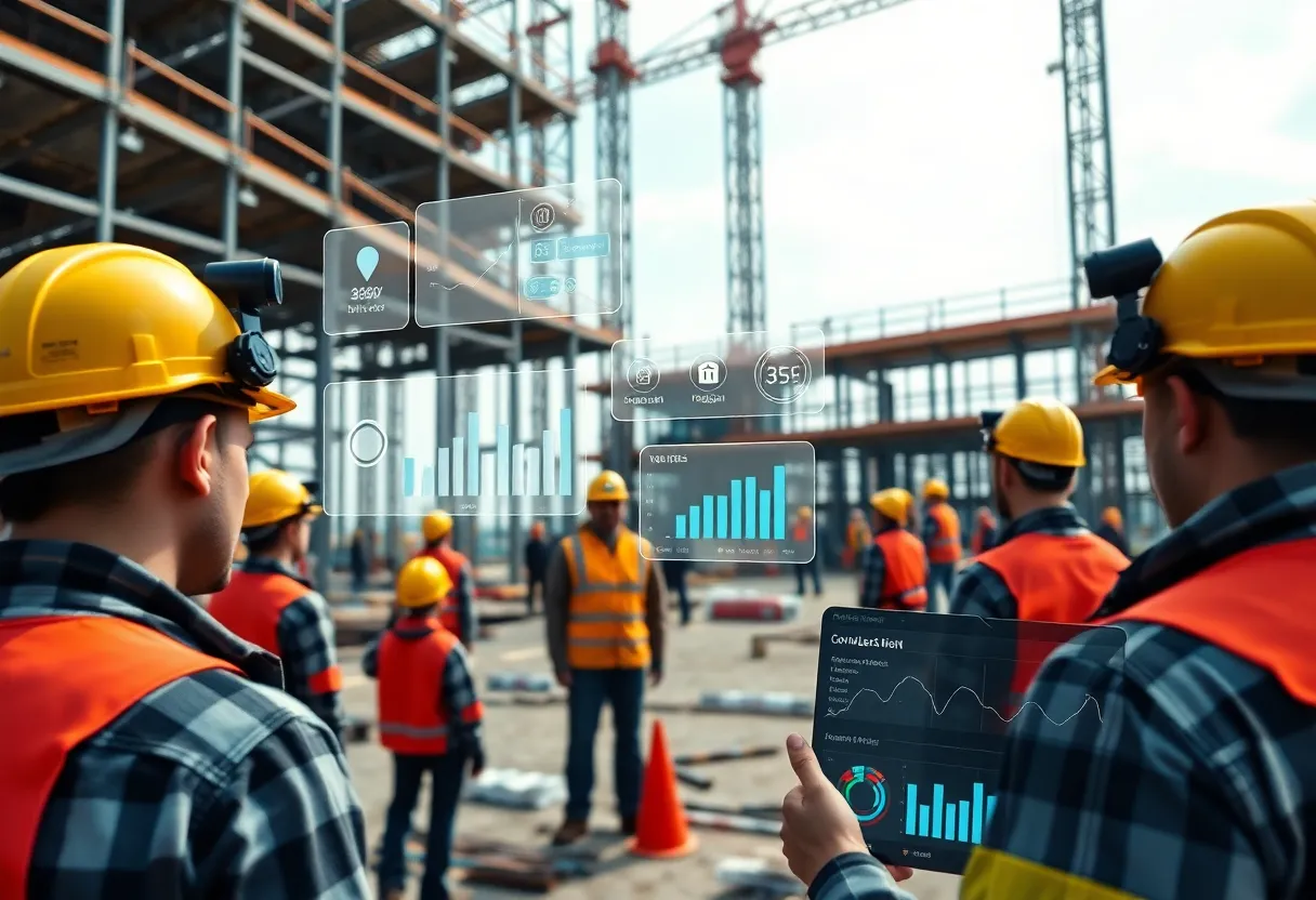 Construction site with workers wearing hard hats fitted with 360-degree cameras and digital overlays showing detected issues and analytics
