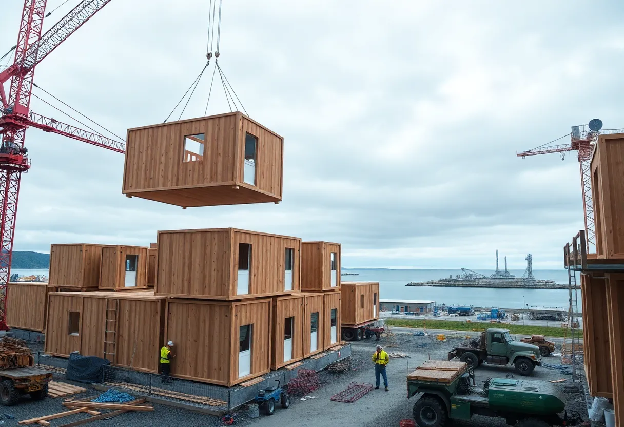 Modular housing units being craned into place at a Canadian construction site with a small spaceport visible near the coast
