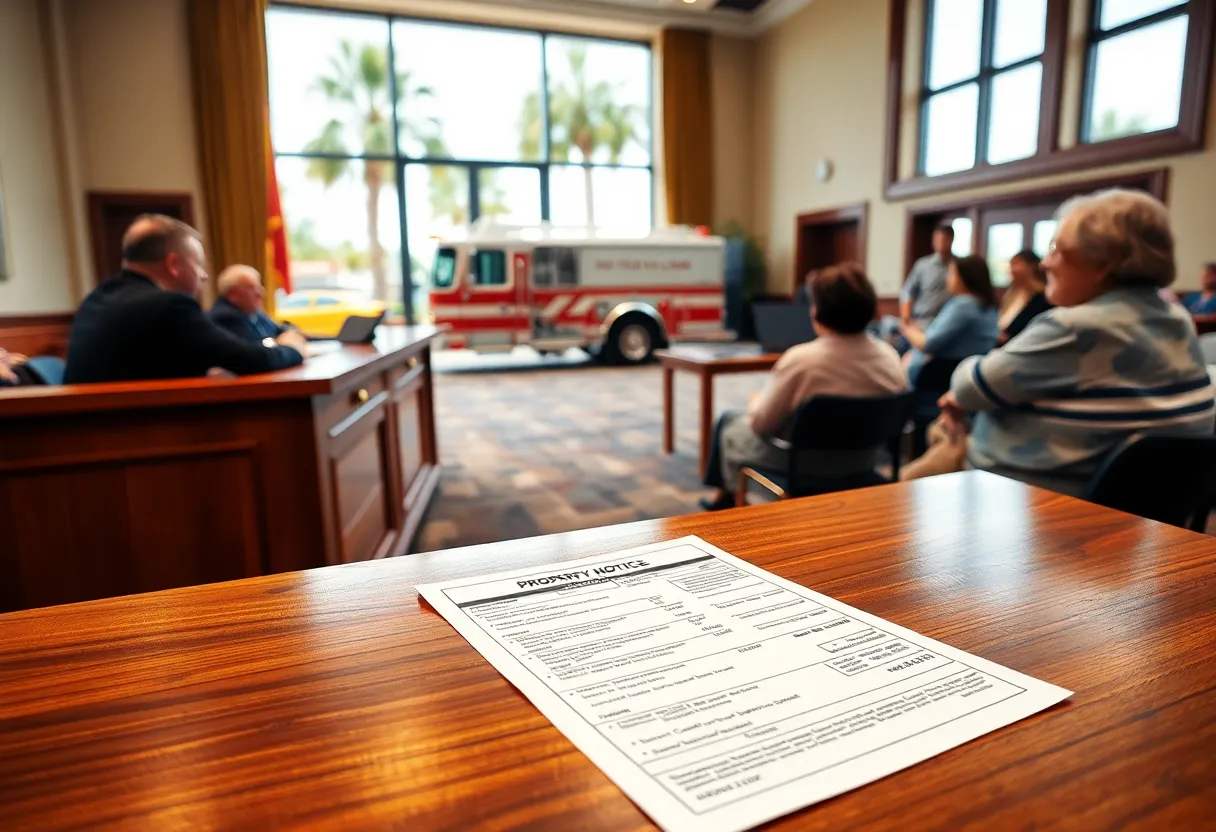 Municipal council meeting with a close-up of a property tax bill and utility notice, fire engine and utility truck visible outside