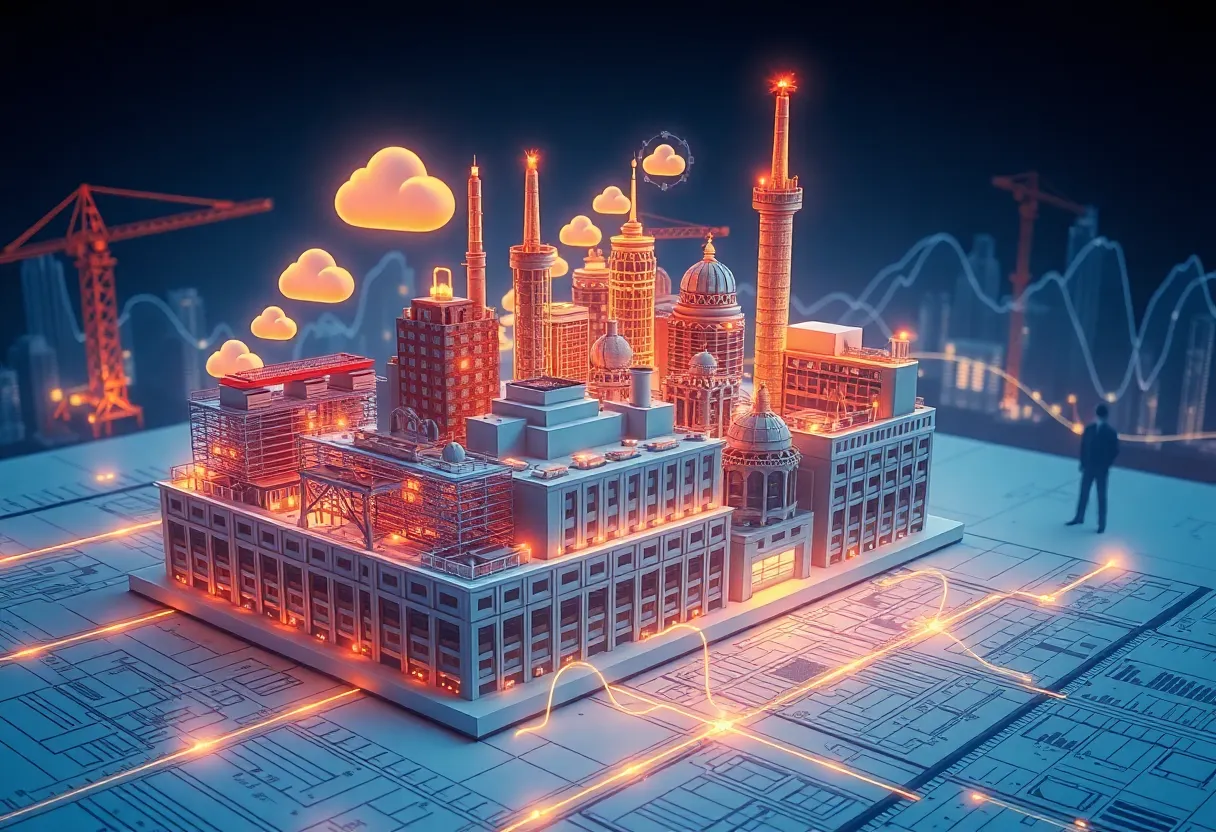 3D city and manufacturing model with cloud AI overlays and upward financial chart