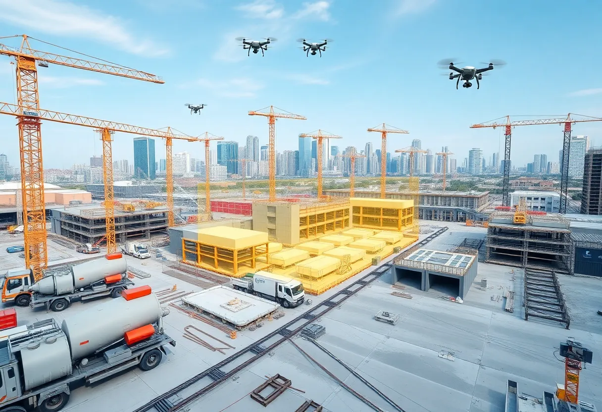 Urban concrete construction site with cranes, precast panels, BIM overlay and drones