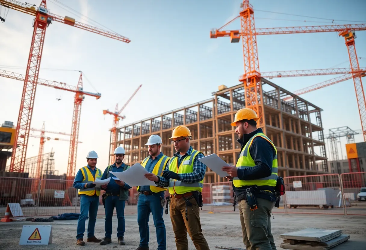 Diverse construction teams in safety gear collaborating around blueprints and tablets on a busy site with cranes and a data center shell in the background
