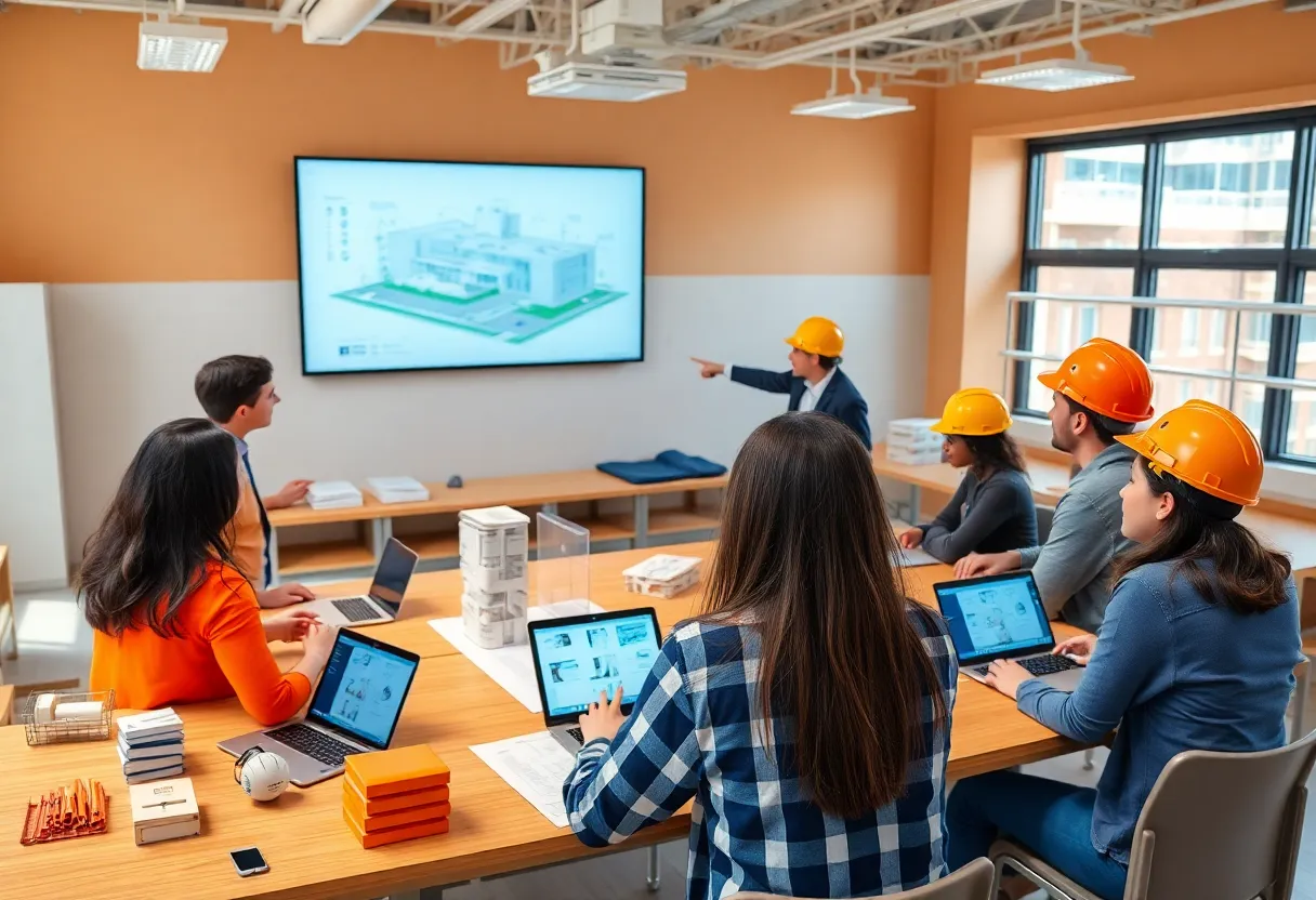 University construction management students reviewing blueprints and digital building models in a modern classroom lab