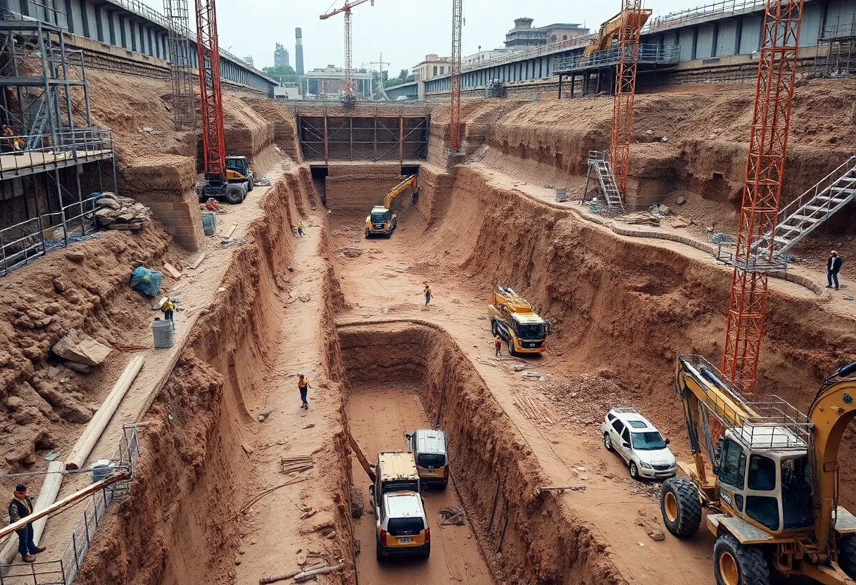 Overview of a construction site with large machinery and workers on the D Line project in Los Angeles.