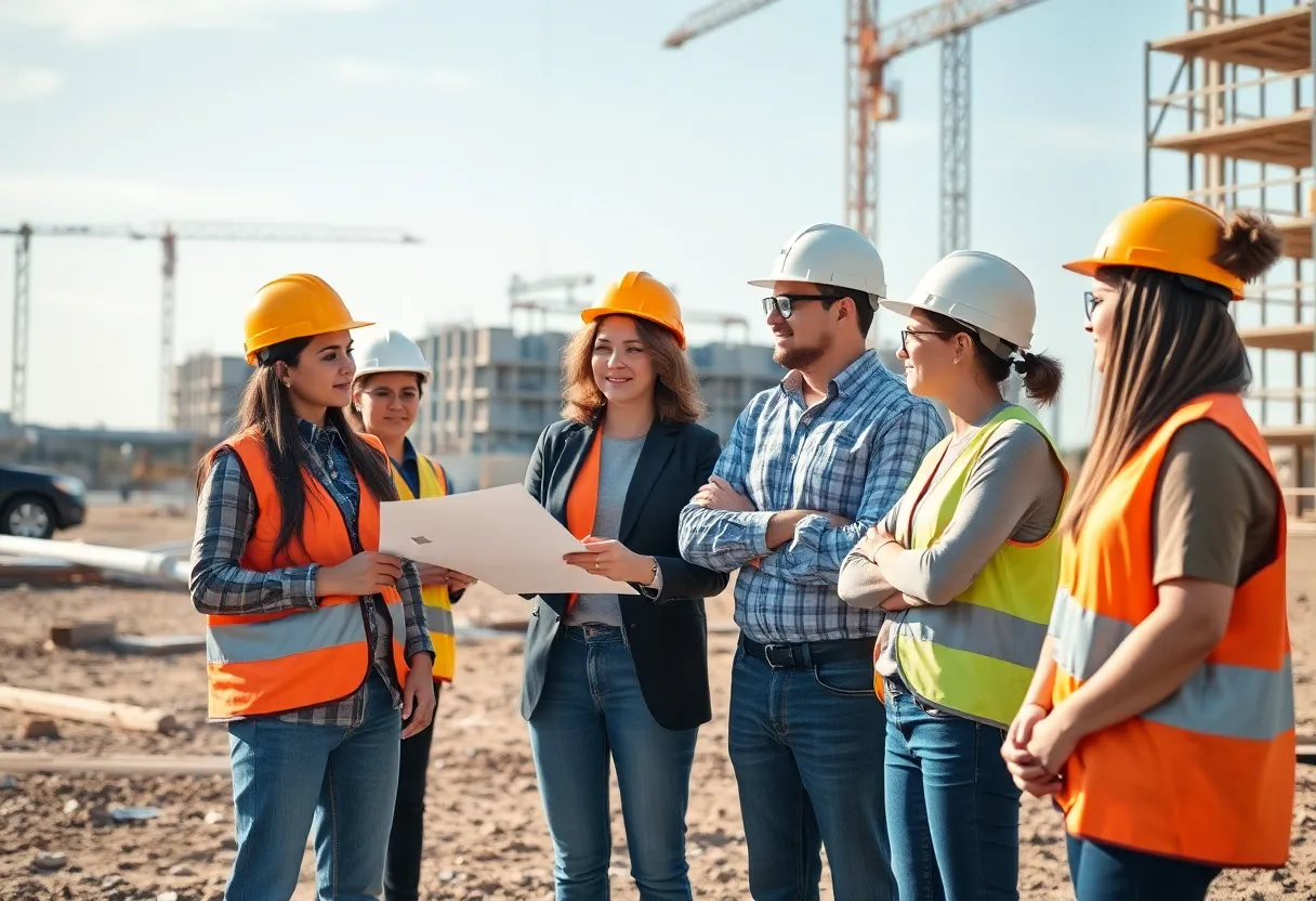 Construction team collaborating on a project management task.