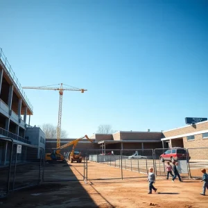 Ongoing construction at Elkhorn Elementary Schools with safety barriers and unfinished structures