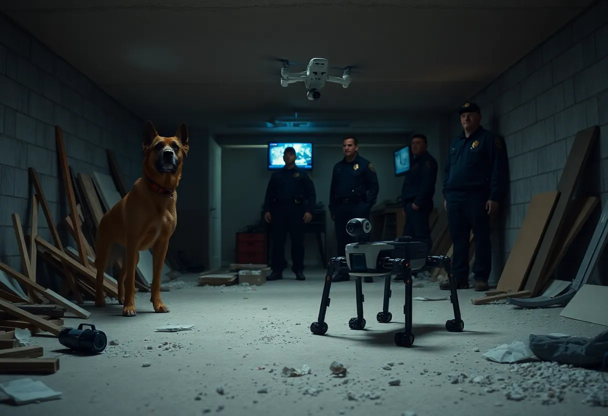 Police K-9 and four-legged robotic dog searching a cluttered basement during a burglary response