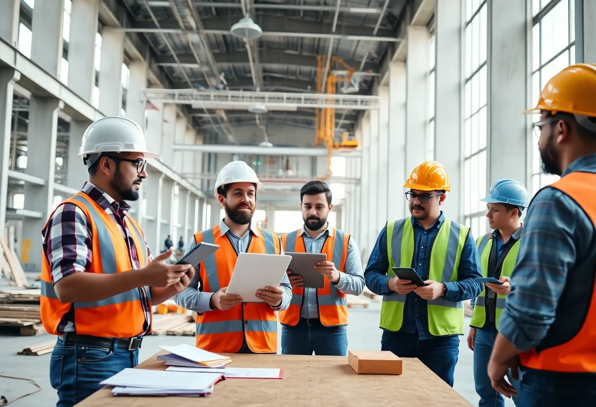 Construction site with diverse team using technology for effective project management