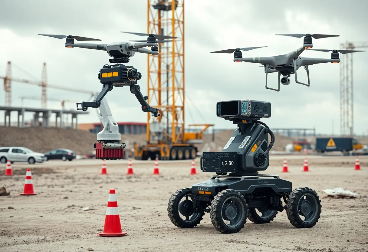 Autonomous mobile robot with manipulator and BIM overlays scanning a construction jobsite