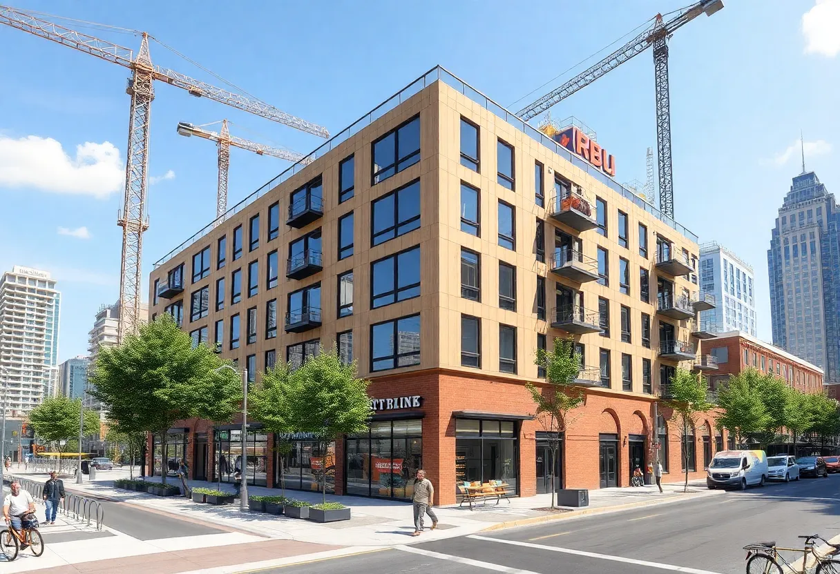 Rendering of a 16-story mixed-use apartment building under construction with ground-floor retail and tree-lined sidewalks in Hoboken