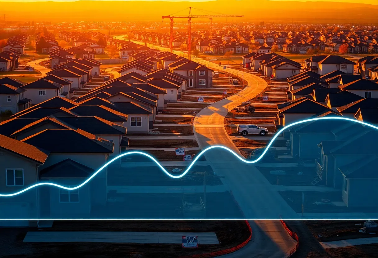 Suburban new-home construction with cranes, for-sale signs and a subtle financial overlay representing mortgage and bond trends