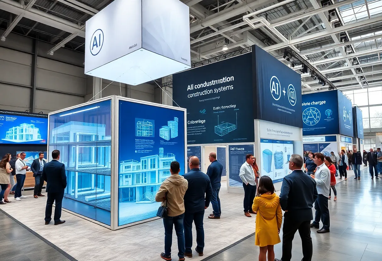 Inspur exhibition booth displaying AI-enabled construction technologies with modular units, digital BIM displays and visitors at a trade summit