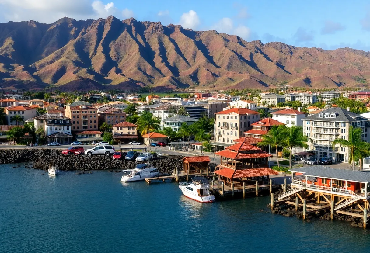 A view of Lahaina showing rebuilt properties and community resilience post-wildfire.