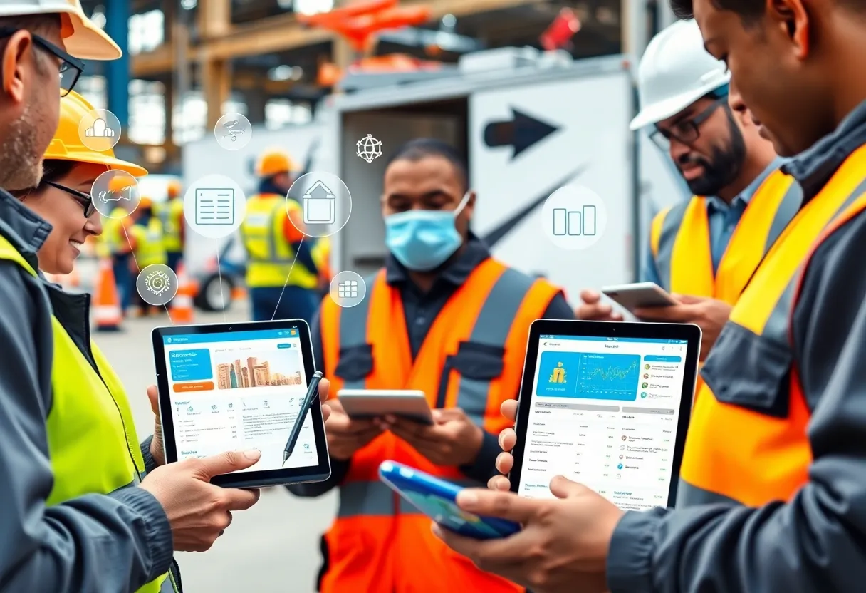 Construction workers using tablets showing a digital credential wallet and AI workforce management dashboard at a job site