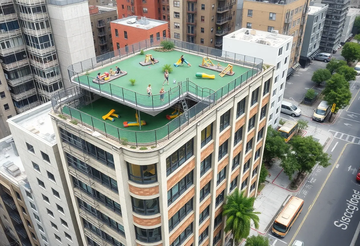 Rendering of Madison at Summit building with rooftop play area and exterior renovations in an urban neighborhood