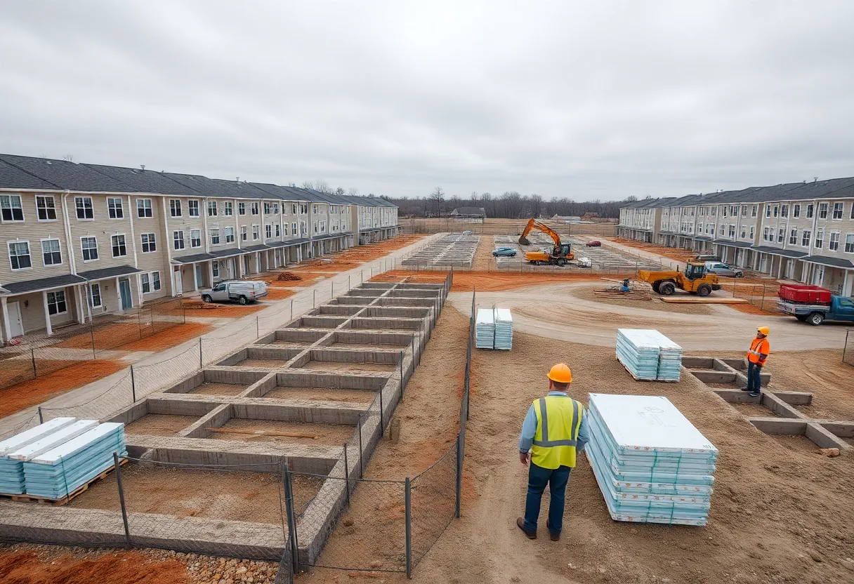 Construction site with foundations and equipment for a planned 48-unit housing development near a township building.