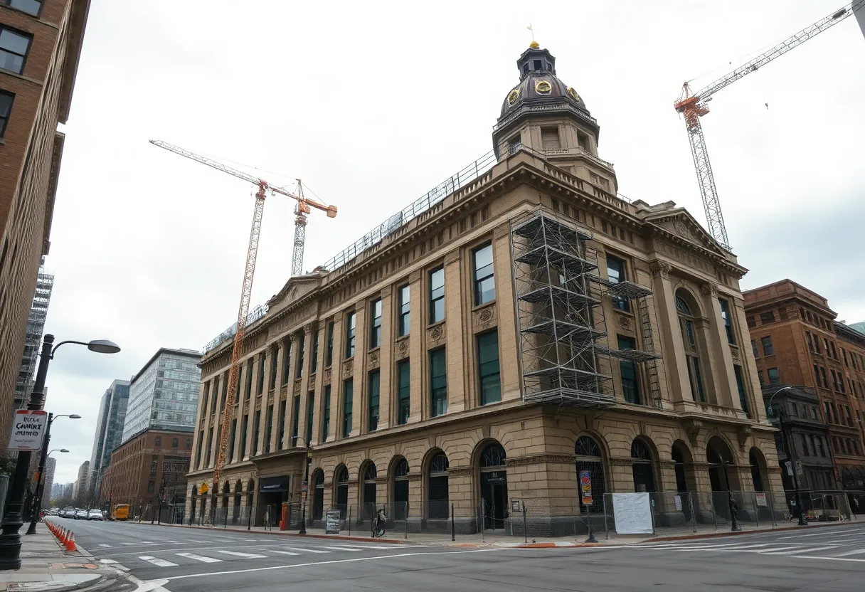 Concept view of the Safety Building site with proposed courthouse massing, cranes and construction staging in downtown Milwaukee