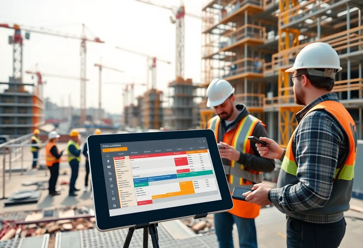 Construction workers viewing a real-time digital schedule on a tablet at a job site