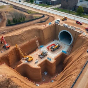 Excavation site for Nashville's high-speed tunnel project with construction equipment.