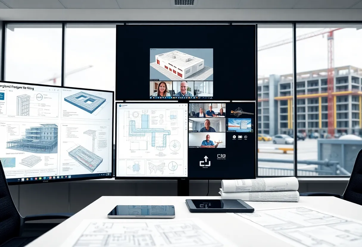 Engineers collaborating over BIM models and construction plans on multiple screens with a construction site in the background